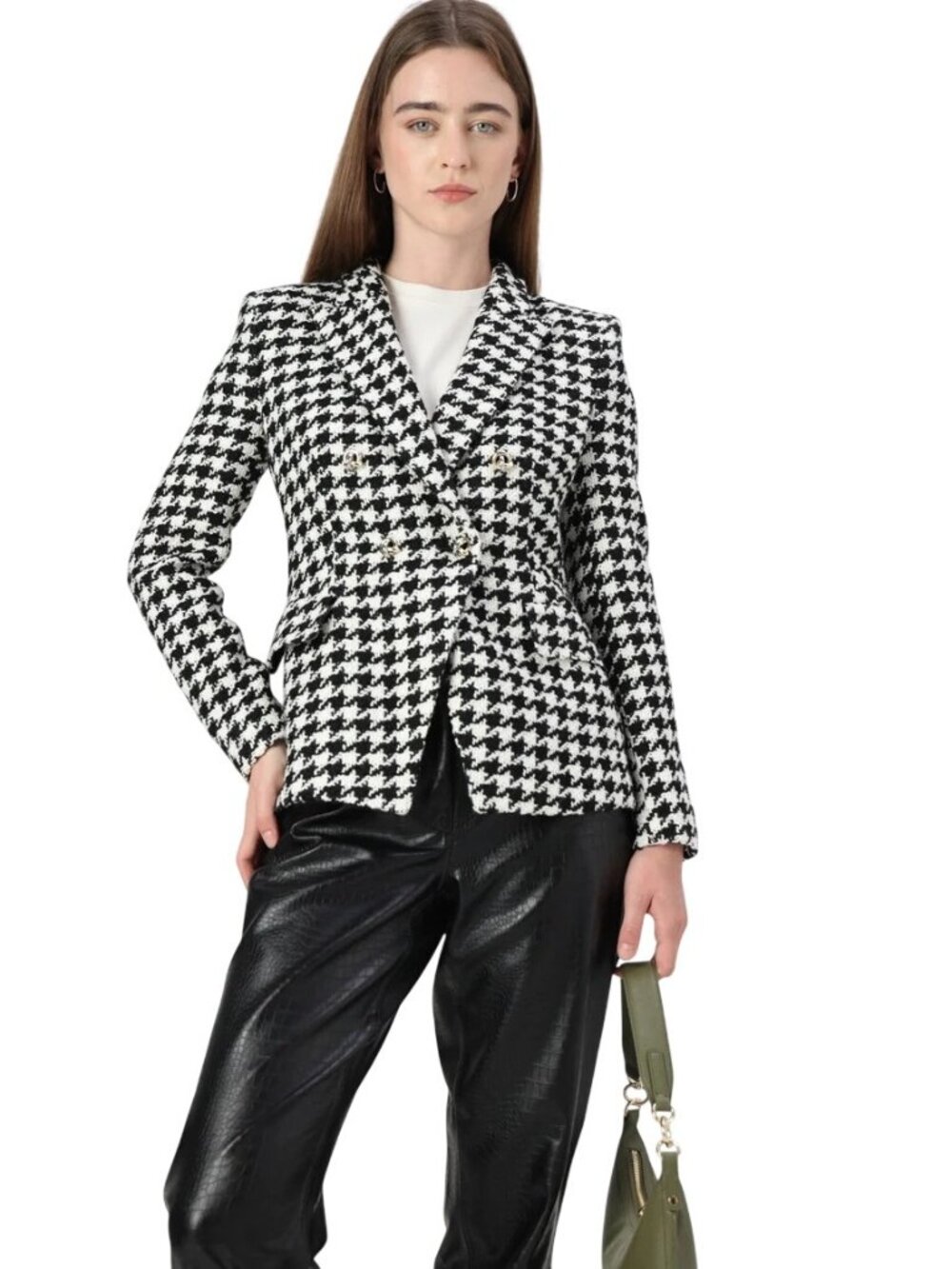BOSS Jia Houndstooth Blazer in Black White 36 Womens Check Jacket